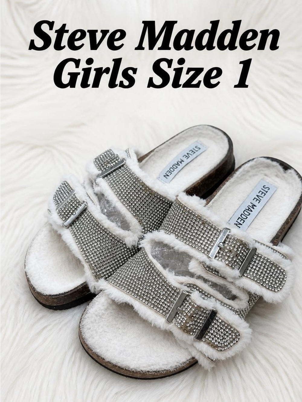Steve Madden Girls Fur Rhinestone Sandals Size 1 Great Shape